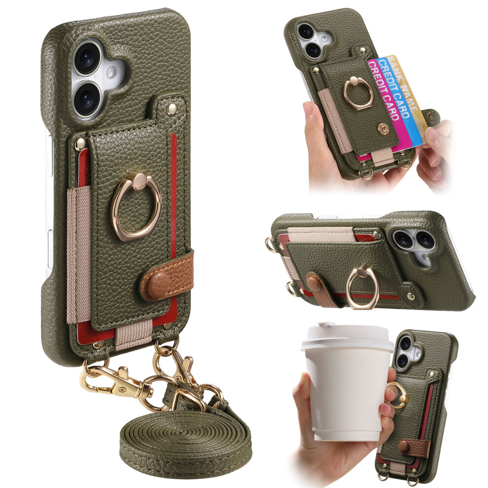 (Midnight ) For Iphone 16 Case Card Holder Ring Kickstand Leather + Pc Phone Cover With Shoulder Strap Green 6914281980651