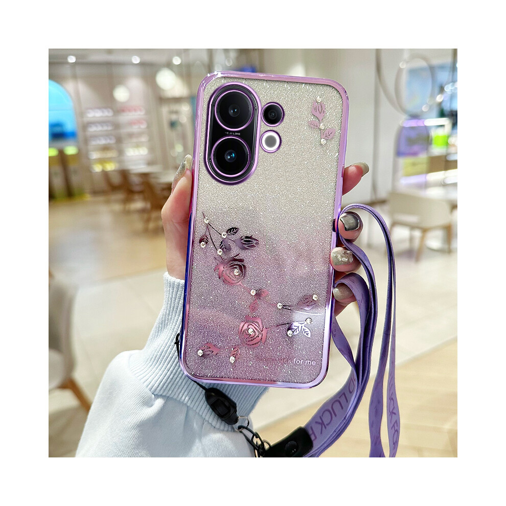 (Purple) For Vivo S30 5G Case Flower Pattern Tpu Gradient Phone Cover With Lanyards Purple 6914282884750