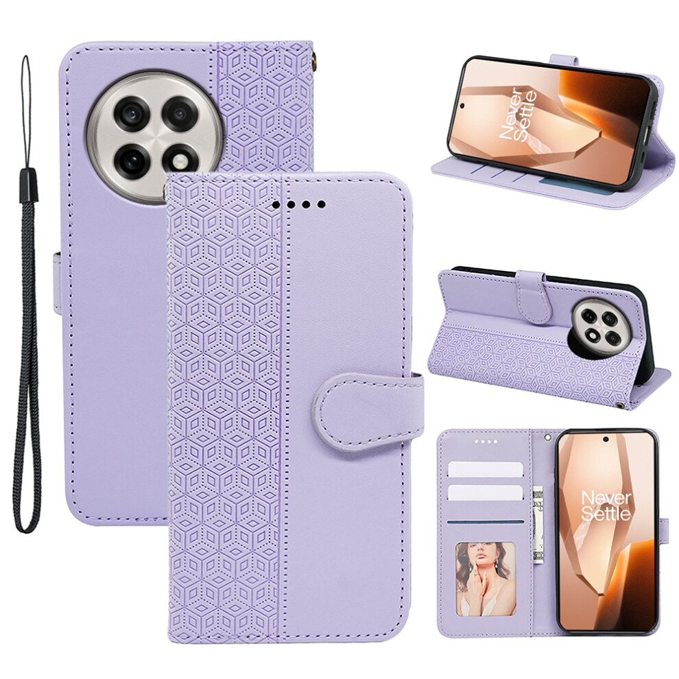 (Purple) For Oneplus 13 Case Anti Scratch Splicing Imprinted Rhombus Leather Phone Cover Purple 6914282784227