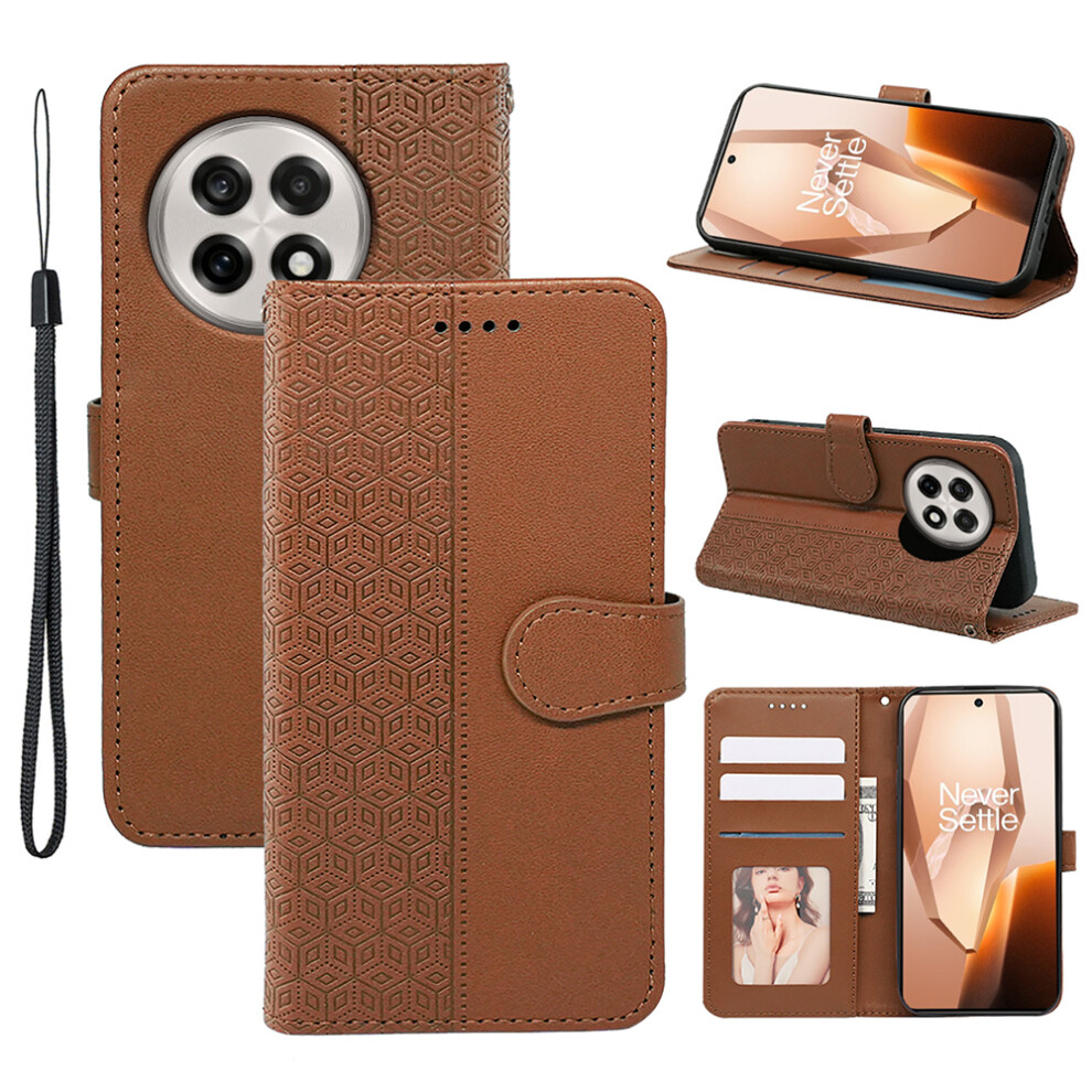 (Brown) For Oneplus 13 Case Anti Scratch Splicing Imprinted Rhombus Leather Phone Cover Brown 6914288314879