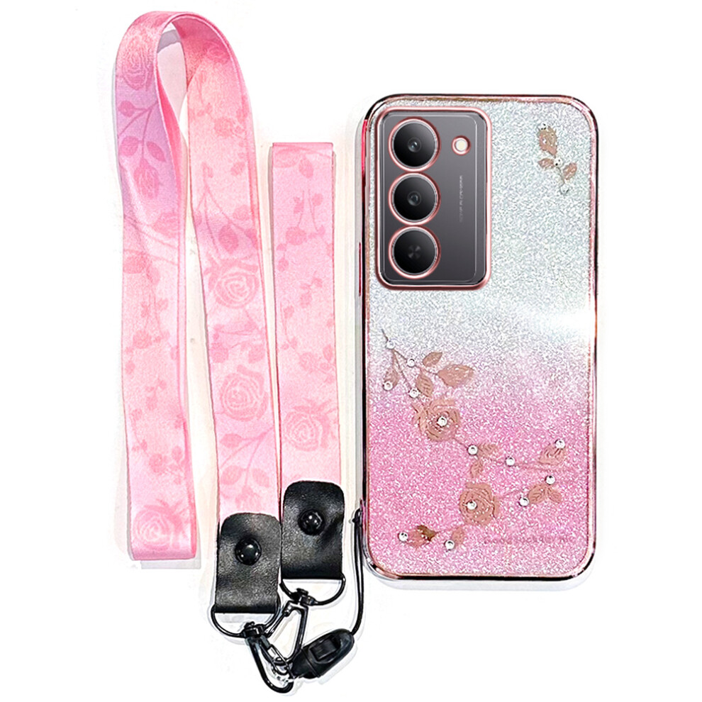 (Rose ) For Realme 14X 5G Case Flower Pattern Tpu Gradient Phone Cover With Lanyards Gold 6914288804288