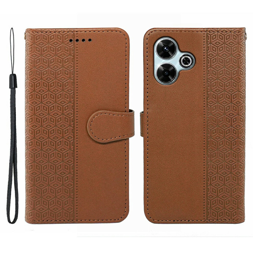 (Brown) Phone Case For Xiaomi Redmi 13 4G / 5G / Note 13R 5G / Poco M6 4G / M6 Plus 5G Splicing Imprinted Rhombus Leather Cover Brown 6914289407143