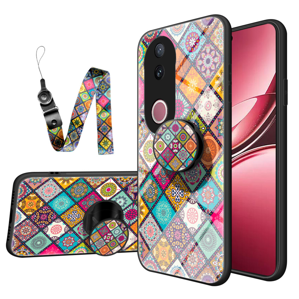 (Color Pattern) For Vivo V50 5G Case Kickstand Ethnic Pattern Tempered Glass Phone Cover With Strap 6914286870490