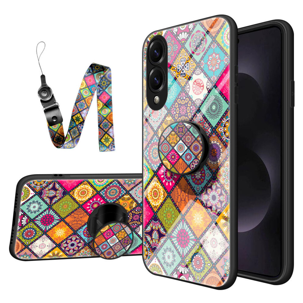 (Color Pattern) For Samsung Galaxy S25 Edge Case Kickstand Ethnic Pattern Tempered Glass Phone Cover With Strap 6914289557817