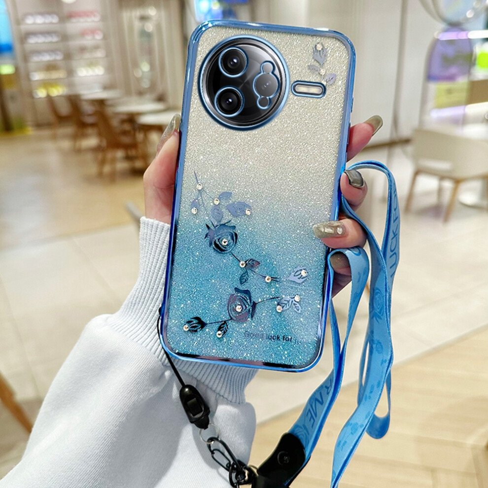 (Blue) For Xiaomi Poco F7 Ultra 5G / Redmi K80 Pro 5G Case Flower Pattern Tpu Gradient Phone Cover With Lanyards Blue 6914281487266