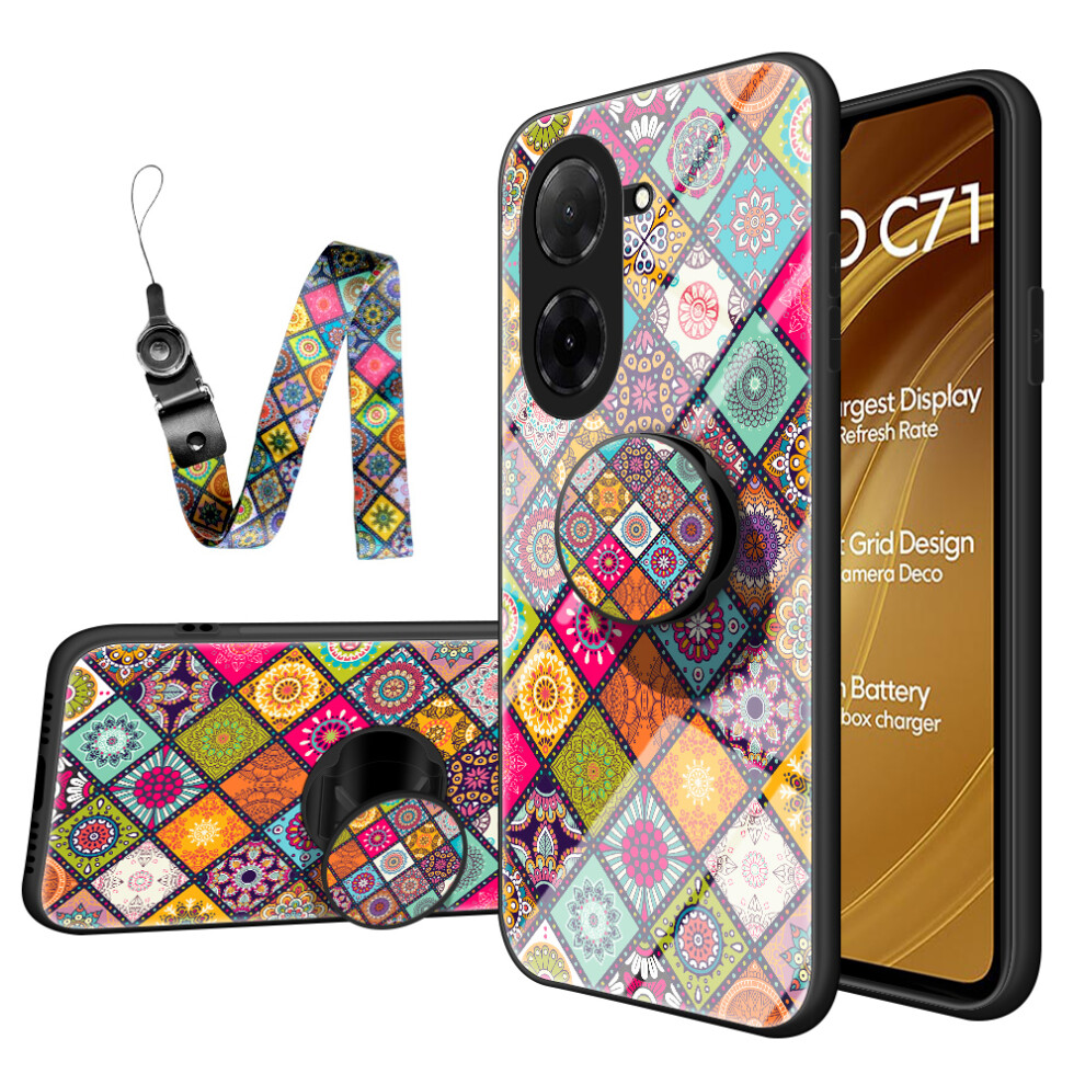 (Color Pattern) For Xiaomi Poco C71 4G / Redmi A5 4G (171.7Mm) Case Kickstand Ethnic Pattern Tempered Glass Phone Cover With Strap 6914282022299