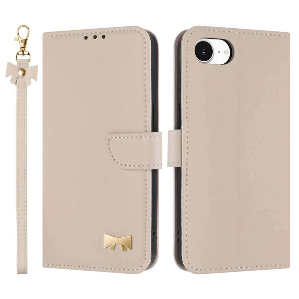 (Khaki) For Iphone 16E Case Bowknot Decor Wallet Leather Phone Cover With Wrist Strap 6914281037904