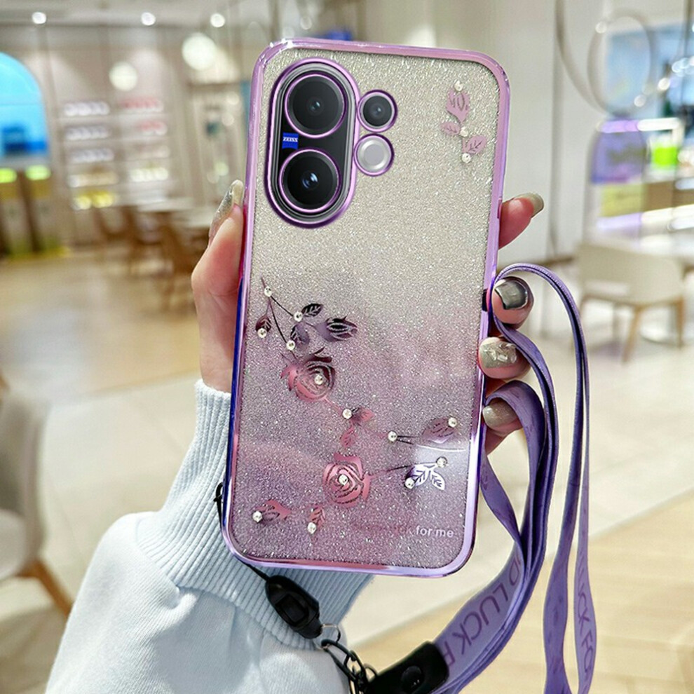 (Purple) For Vivo V60 5G Case Flower Pattern Tpu Gradient Phone Cover With Lanyards Purple 6914285093074