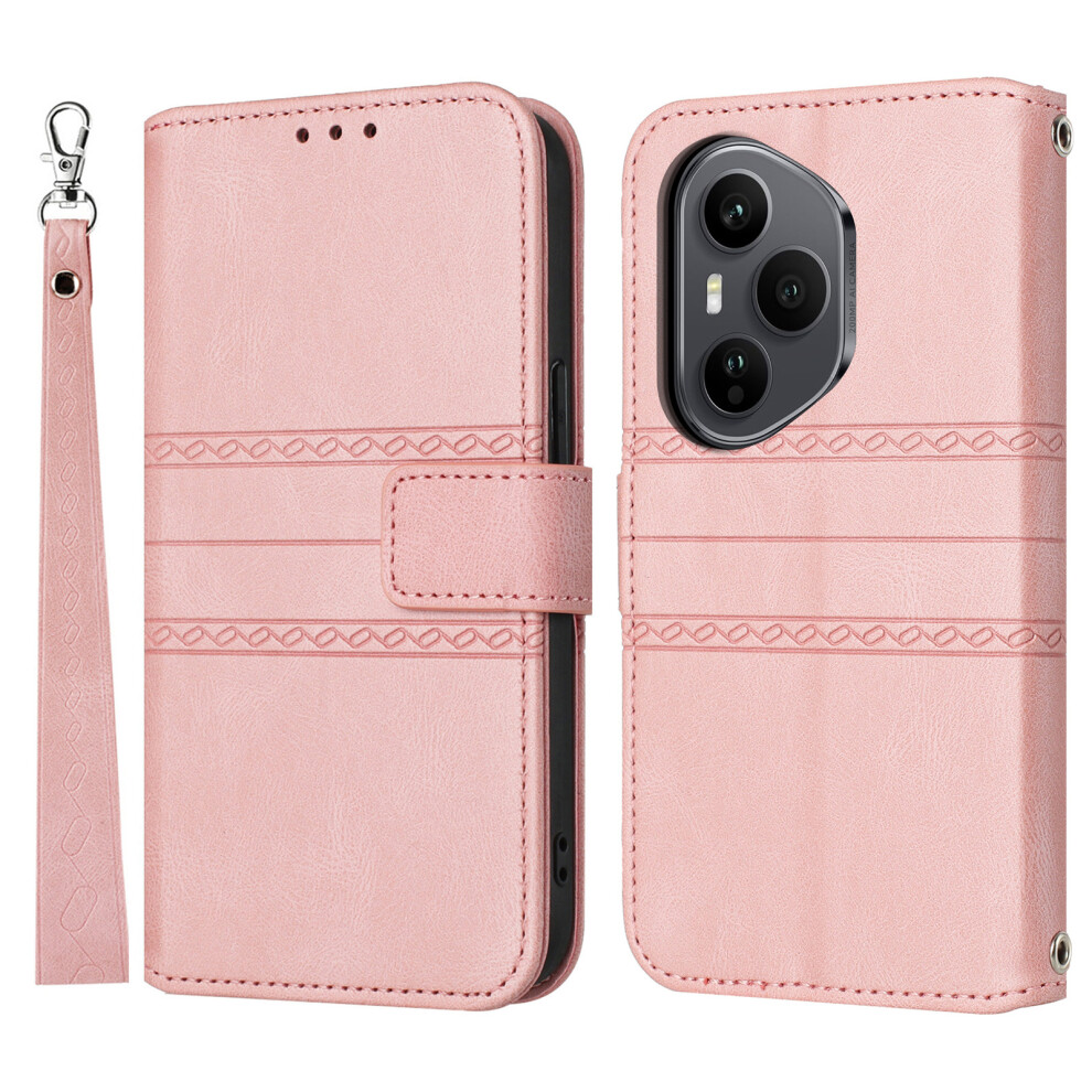 (Pink) For Honor 400 Pro 5G (Global) Case Wallet Skin-Touch Leather Imprinted Phone Cover With Wrist Strap Pink 6914282991588