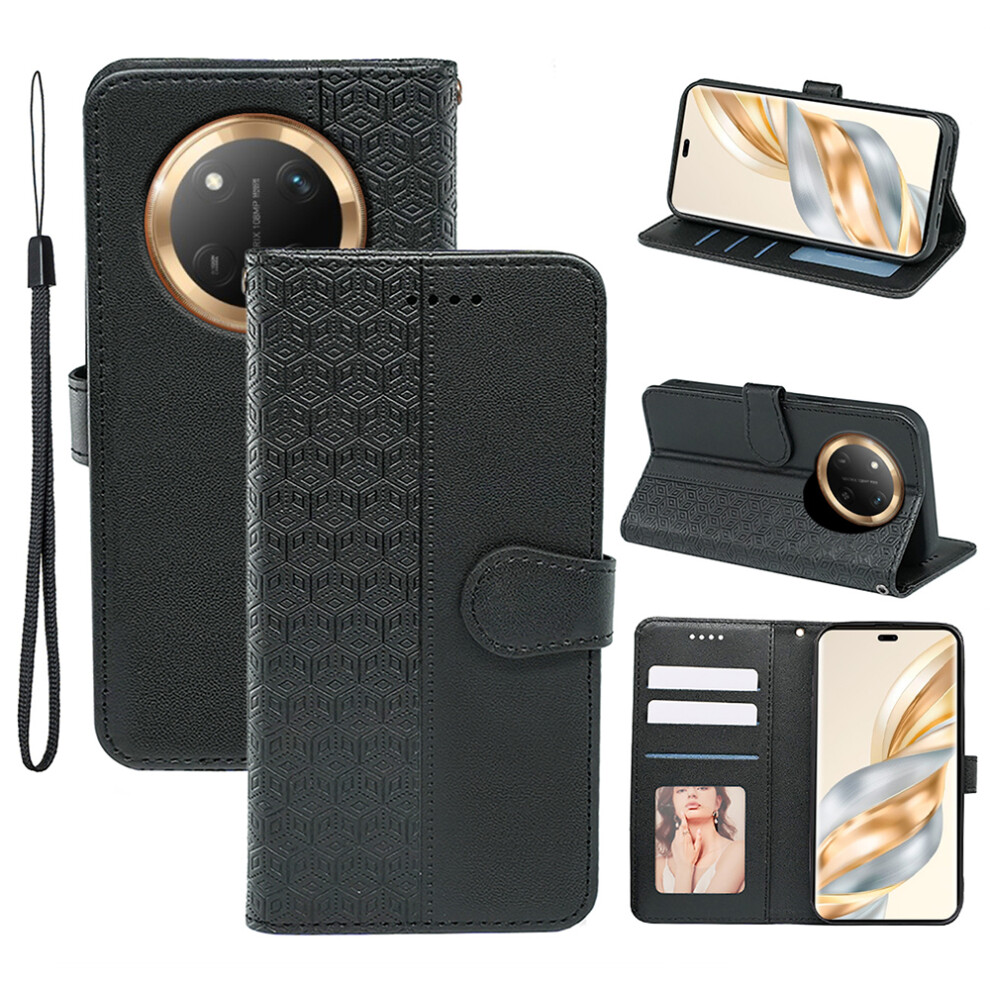 (Black) For Honor Magic7 Lite 5G / X9c 5G / X60 Pro 5G Case Anti Scratch Splicing Imprinted Rhombus Leather Phone Cover Black 6914284237516