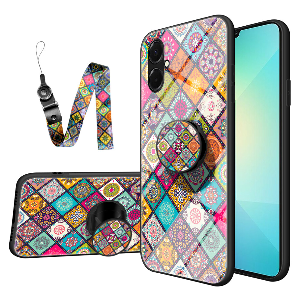 (Checkered Pattern) For Samsung Galaxy A07 4G Case Kickstand Ethnic Pattern Tempered Glass Phone Cover With Strap 6914287027169