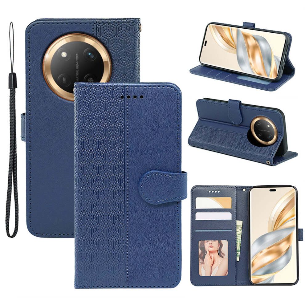 (Blue) For Honor Magic7 Lite 5G / X9c 5G / X60 Pro 5G Case Anti Scratch Splicing Imprinted Rhombus Leather Phone Cover Blue 6914287290532