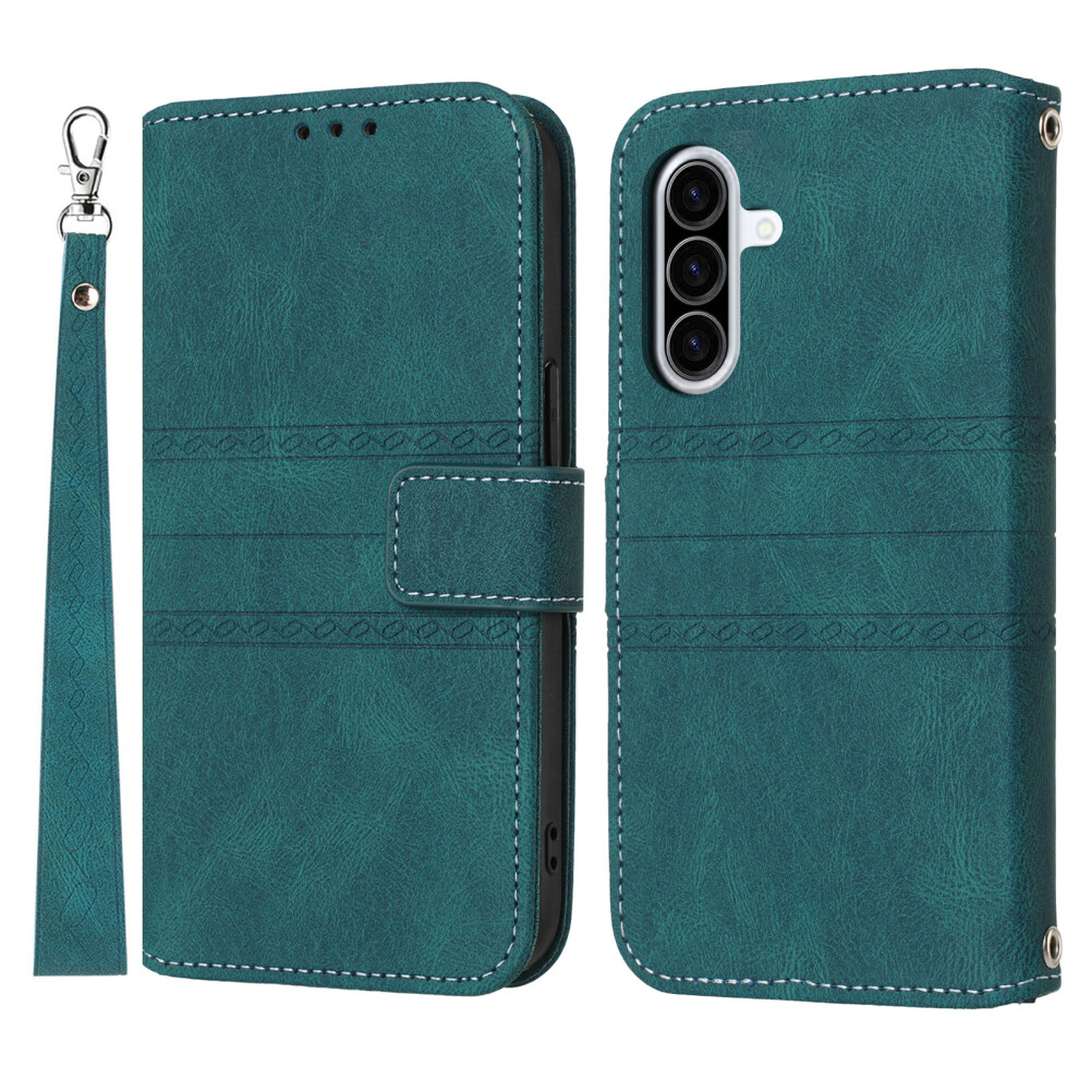 (Blackish ) For Samsung Galaxy A17 5G / A17 4G / A26 5G Case Wallet Skin-Touch Leather Imprinted Phone Cover With Wrist Strap Green 6914280019888