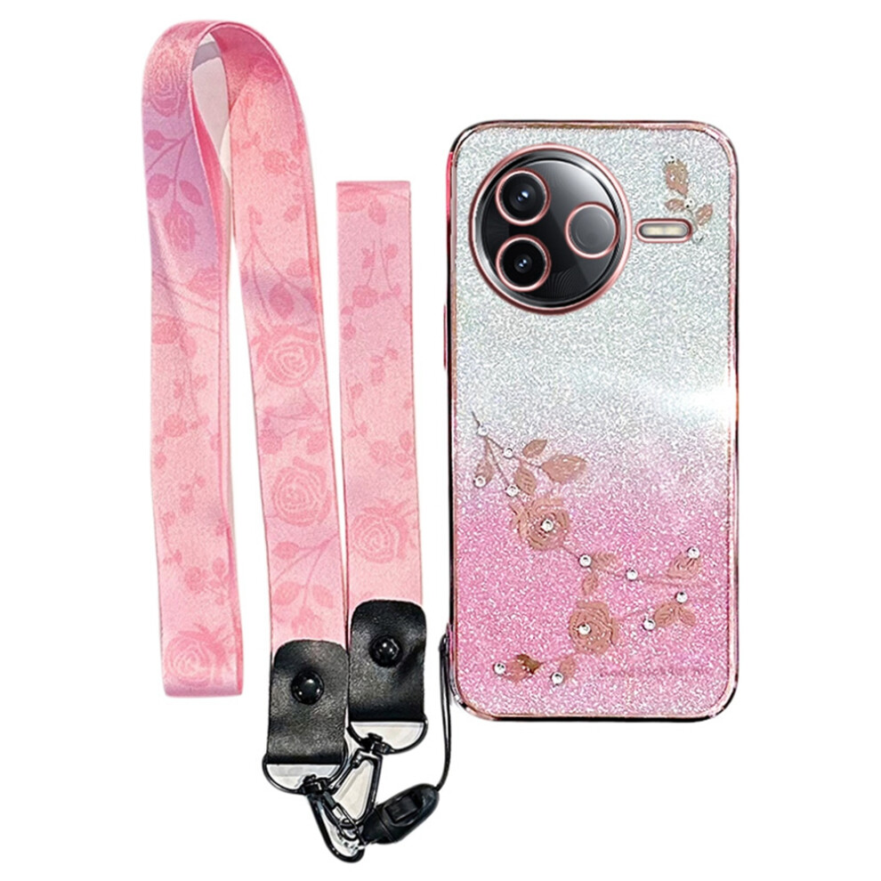 (Rose ) For Xiaomi Poco F7 Pro 5G / Redmi K80 5G Case Flower Pattern Tpu Gradient Phone Cover With Lanyards Gold 6914280324401