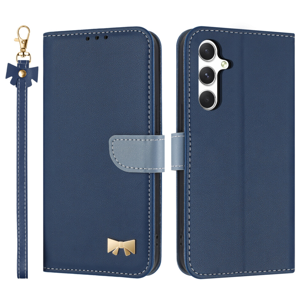 (Dark ) For Samsung Galaxy A26 5G Case Bowknot Decor Wallet Leather Phone Cover With Wrist Strap Blue 6914288268295
