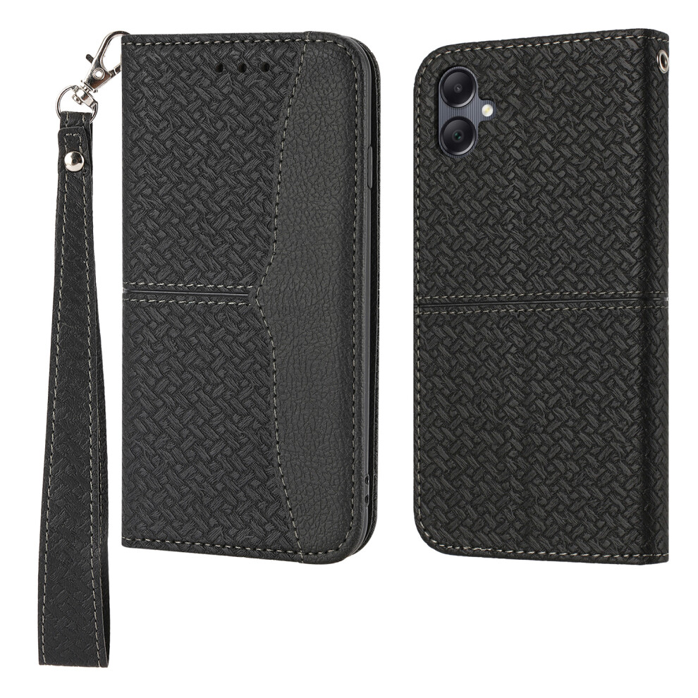 (Black) For Samsung Galaxy A07 4G / A06 4G / 5G Case Woven Texture Pu Leather Wallet Phone Cover With Wrist Strap Black 6914285358722