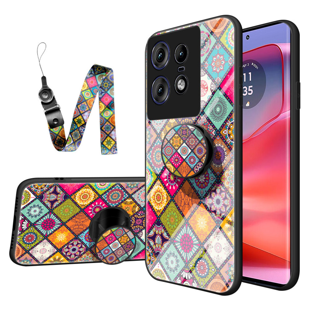 (Color Pattern) For Motorola Edge 50 Pro 5G Case Kickstand Ethnic Pattern Tempered Glass Phone Cover With Strap 6914280616674