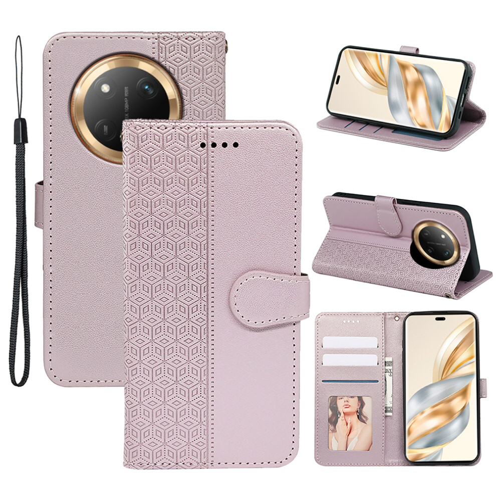 (Rose ) For Honor Magic7 Lite 5G / X9c 5G / X60 Pro 5G Case Anti Scratch Splicing Imprinted Rhombus Leather Phone Cover Gold 6914283187164
