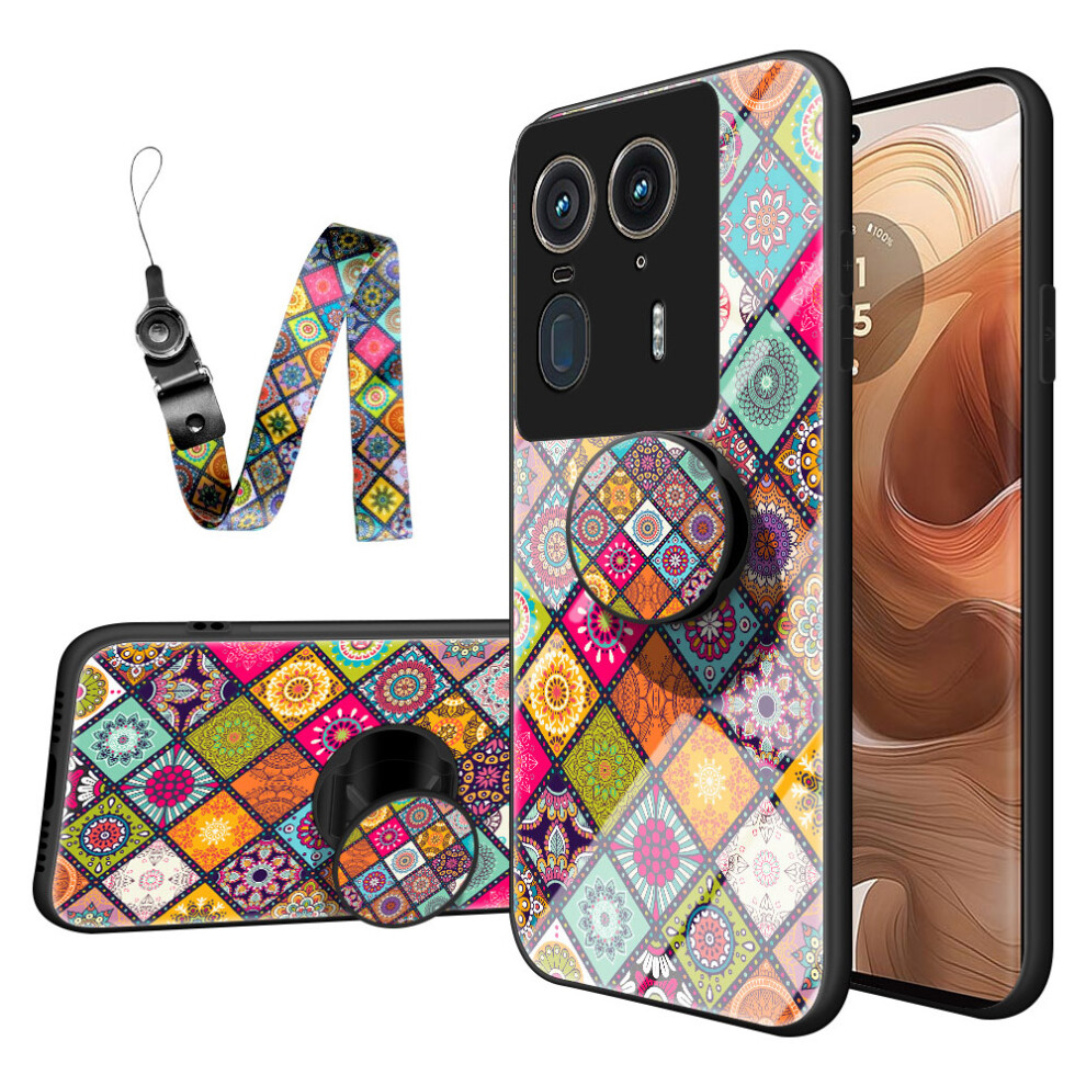 (Color Pattern) For Motorola Edge 50 Ultra 5G / Moto X50 Ultra 5G Case Kickstand Ethnic Pattern Tempered Glass Phone Cover With Strap 6914283556779