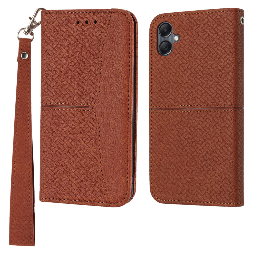 (Brown) For Samsung Galaxy A07 4G / A06 4G / 5G Case Woven Texture Pu Leather Wallet Phone Cover With Wrist Strap Brown 6914288747172