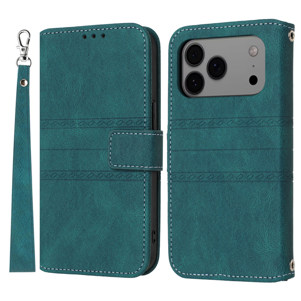 (Blackish ) For Iphone 17 Pro Max Case Wallet Skin-Touch Leather Imprinted Phone Cover With Wrist Strap Green 6914281945391
