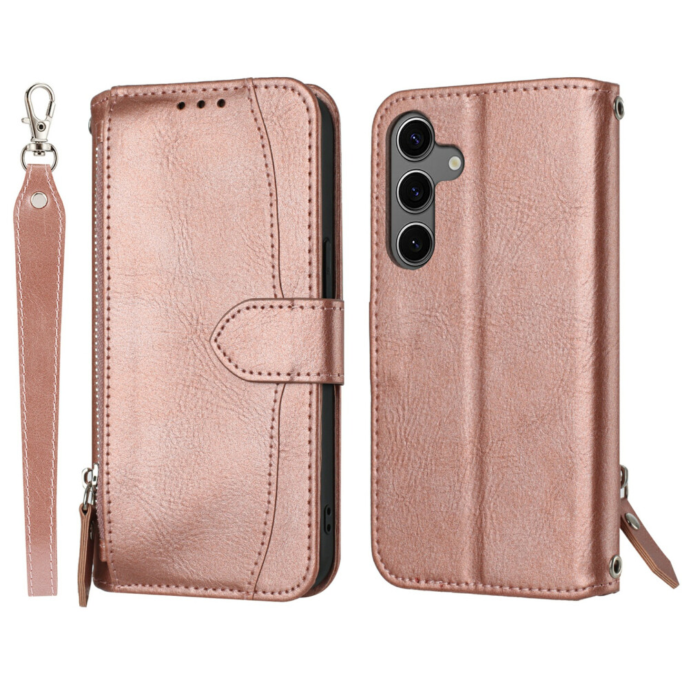 (Rose ) For Samsung Galaxy S25 Fe Case Zipper Pocket Wallet Leather Phone Cover With Wrist Strap Gold 6914281847909