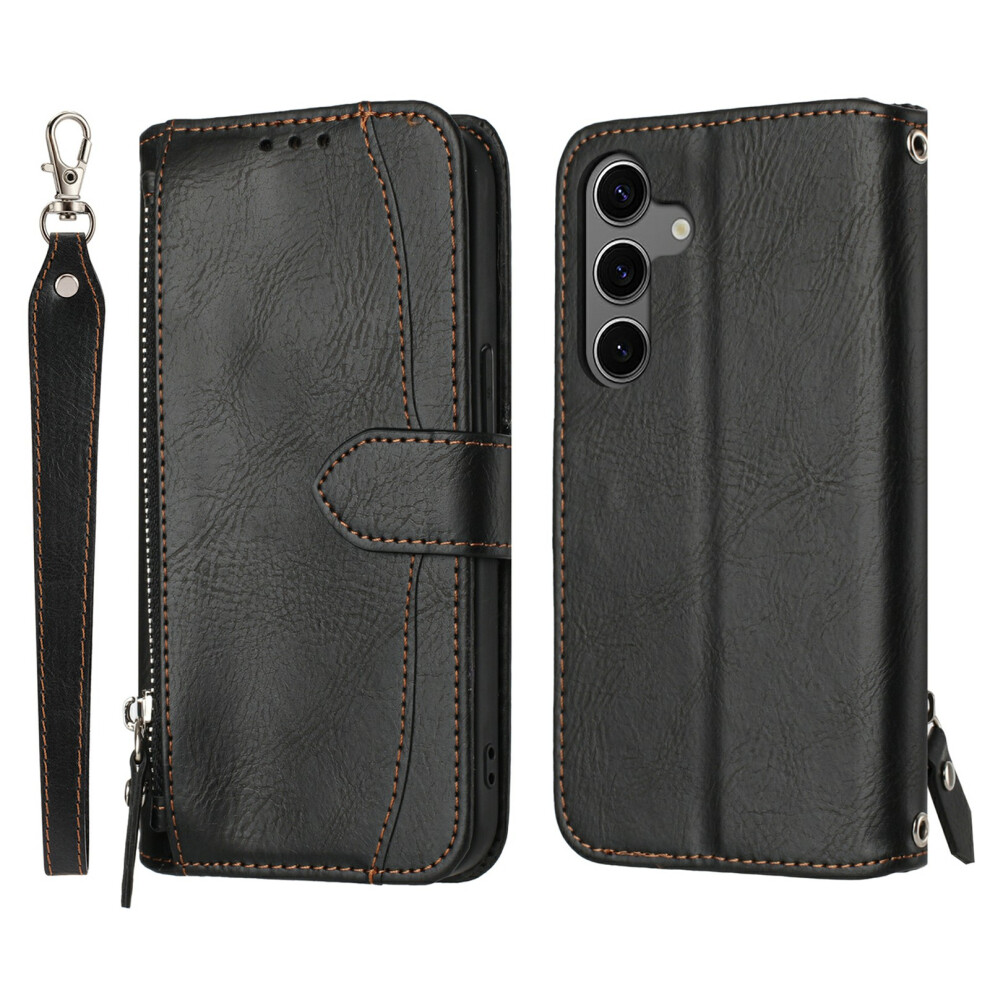 (Black) For Samsung Galaxy S25 Fe Case Zipper Pocket Wallet Leather Phone Cover With Wrist Strap Black 6914281108840