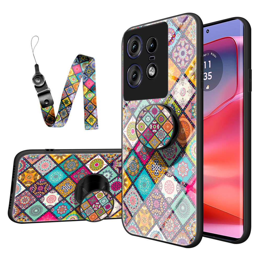 (Checkered Pattern) For Motorola Edge 50 Pro 5G Case Kickstand Ethnic Pattern Tempered Glass Phone Cover With Strap 6914283279036