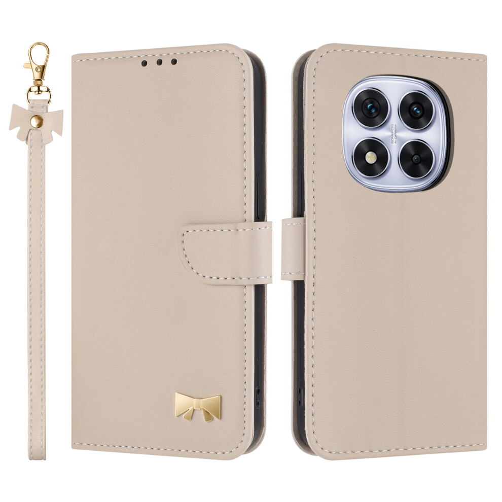 (Khaki) For Xiaomi Redmi Note 14 Pro 4G Case Bowknot Decor Wallet Leather Phone Cover With Wrist Strap 6914283648313