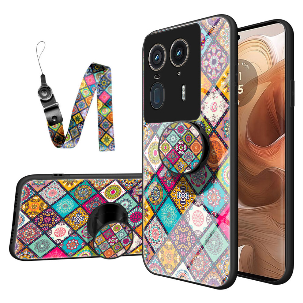 (Checkered Pattern) For Motorola Edge 50 Ultra 5G / Moto X50 Ultra 5G Case Kickstand Ethnic Pattern Tempered Glass Phone Cover With Strap 6914282252870
