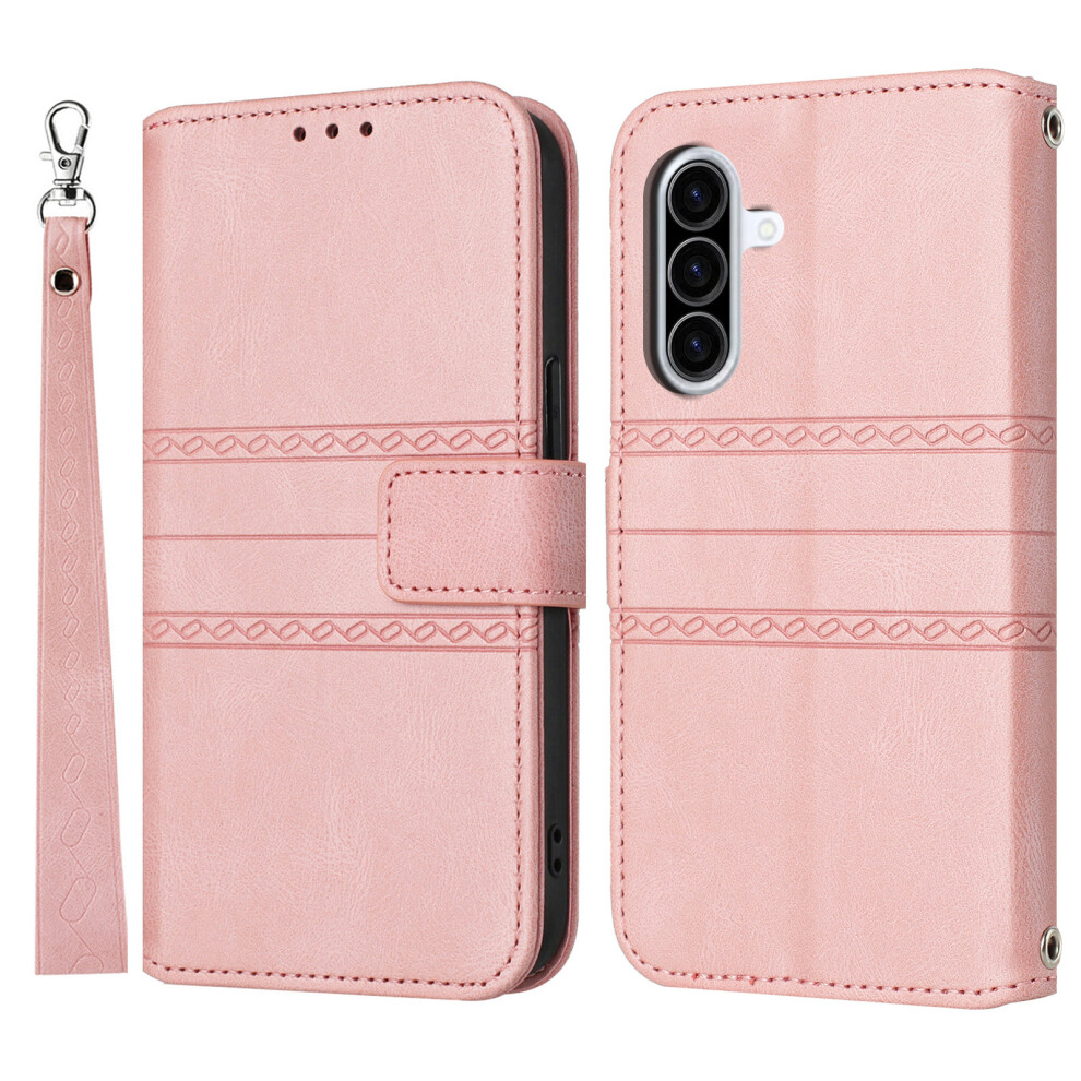 (Pink) For Samsung Galaxy A17 5G / A17 4G / A26 5G Case Wallet Skin-Touch Leather Imprinted Phone Cover With Wrist Strap Pink 6914283058204