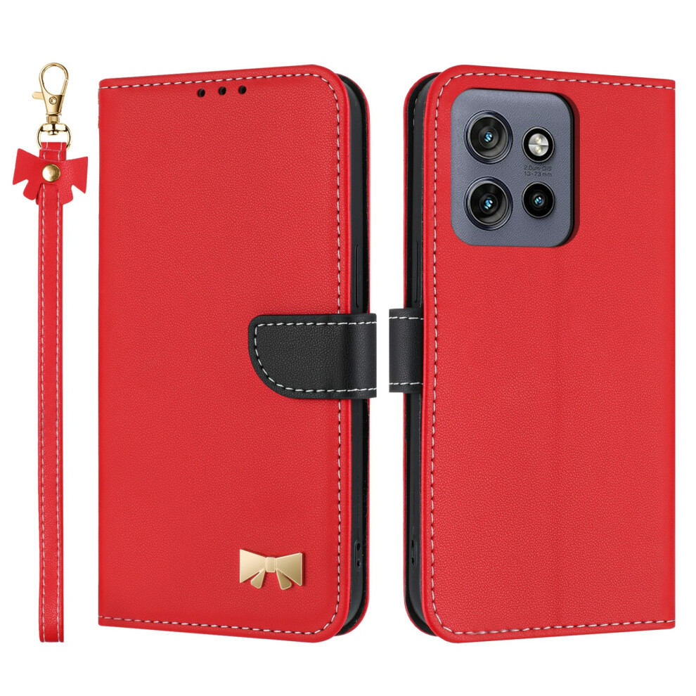 (Red) For Motorola Moto G56 5G Case Bowknot Decor Wallet Leather Phone Cover With Wrist Strap Red 6914282229582