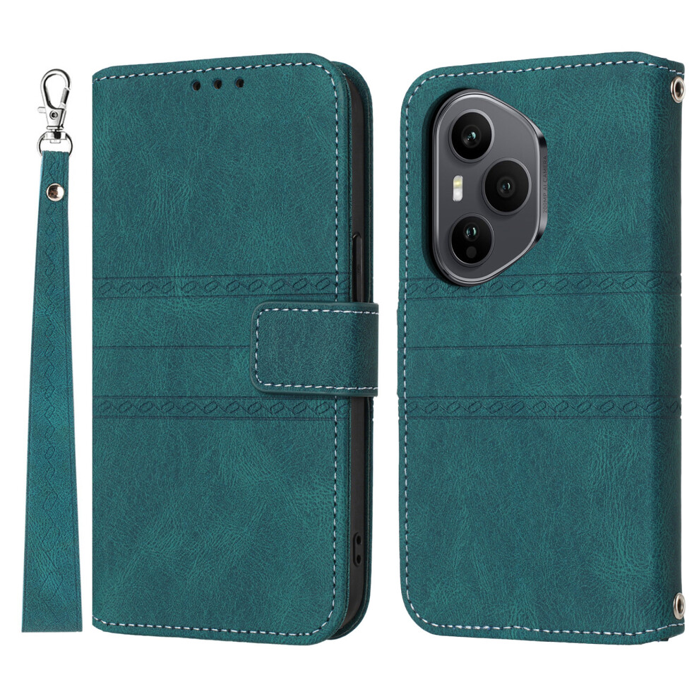 (Blackish ) For Honor 400 Pro 5G (Global) Case Wallet Skin-Touch Leather Imprinted Phone Cover With Wrist Strap Green 6914286362063
