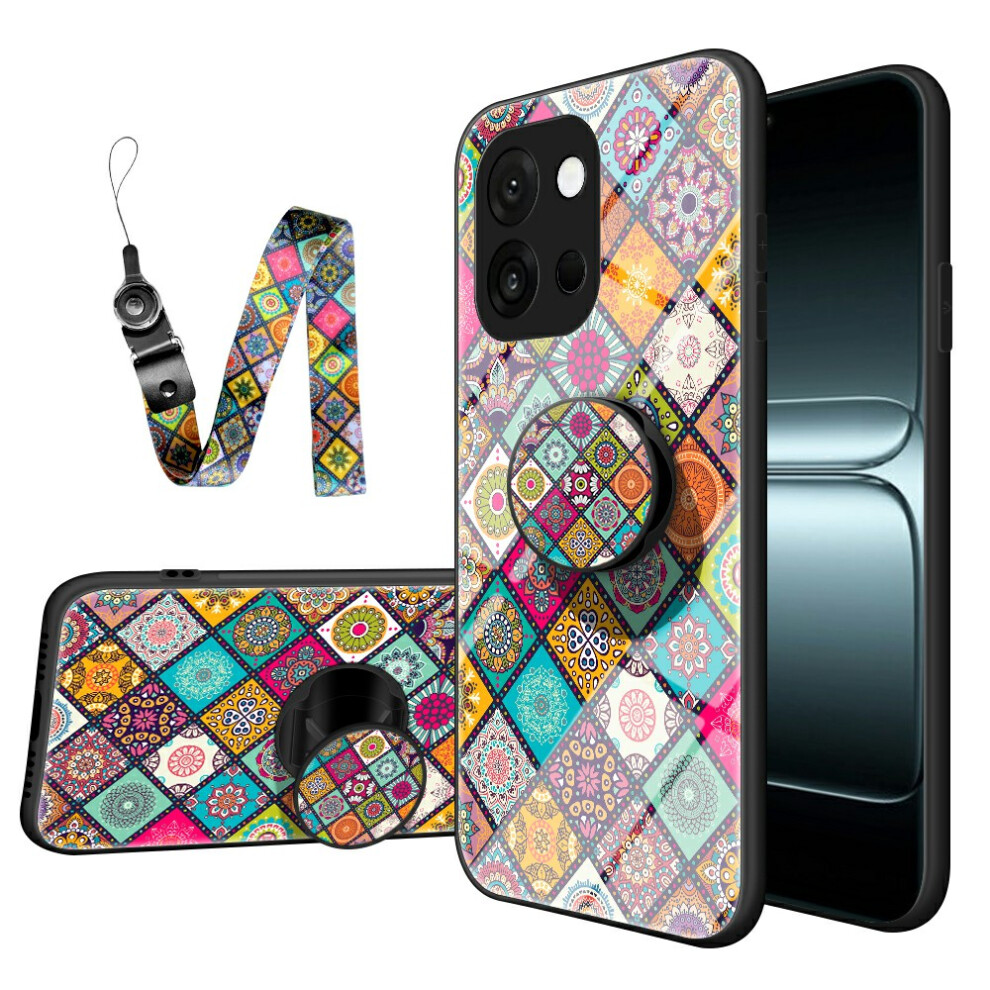 (Checkered Pattern) For Oneplus 13T 5G Case Kickstand Ethnic Pattern Tempered Glass Phone Cover With Strap 6914286787545