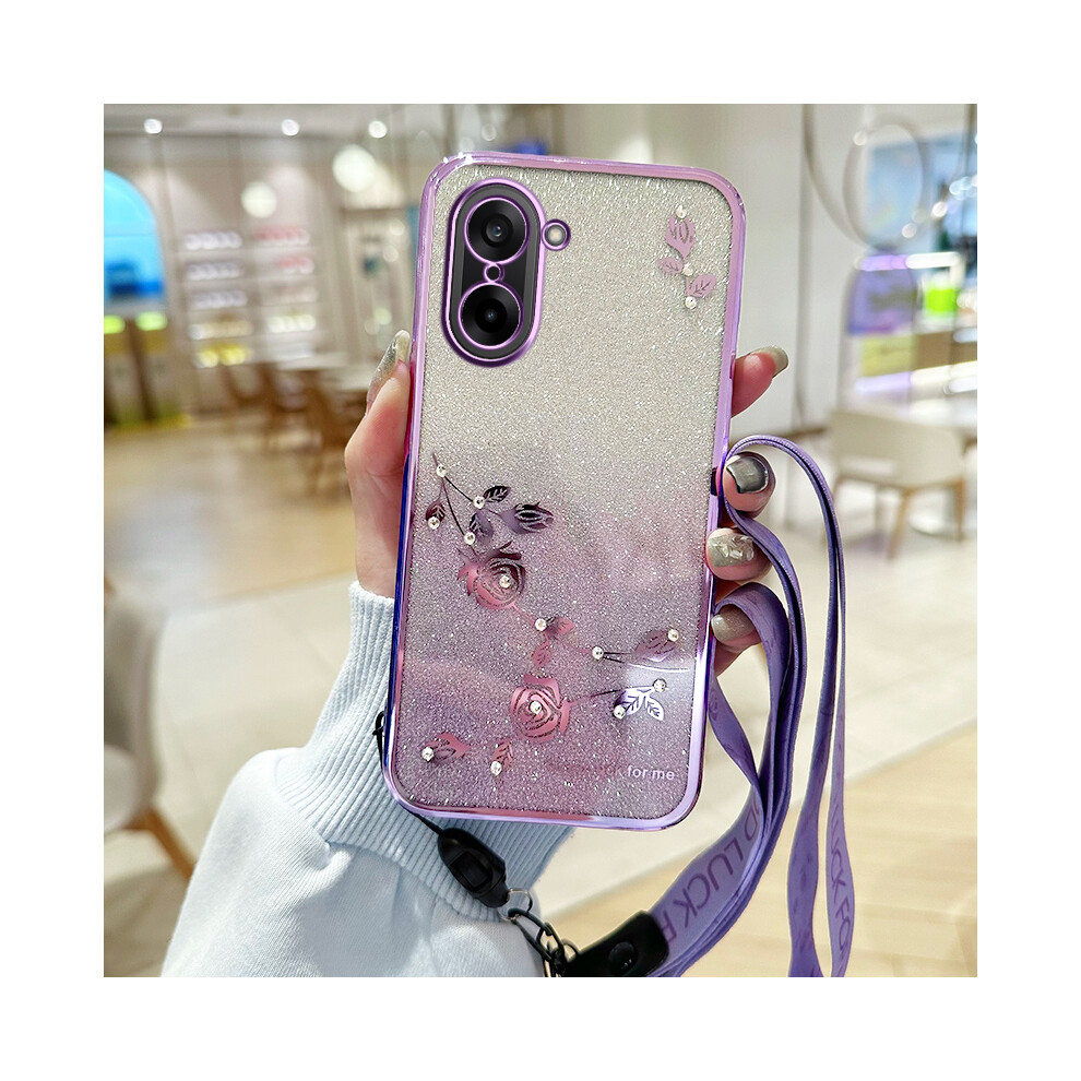 (Purple) For Oneplus Ace 5 Racing 5G / Nord Ce5 5G Case Flower Pattern Tpu Gradient Phone Cover With Lanyards Purple 6914286720078