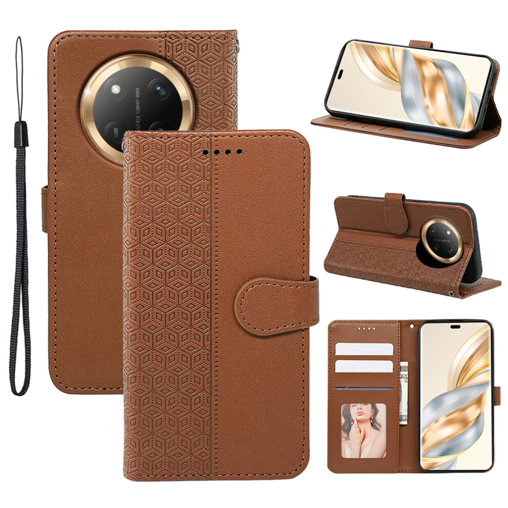 (Brown) For Honor Magic7 Lite 5G / X9c 5G / X60 Pro 5G Case Anti Scratch Splicing Imprinted Rhombus Leather Phone Cover Brown 6914283393633
