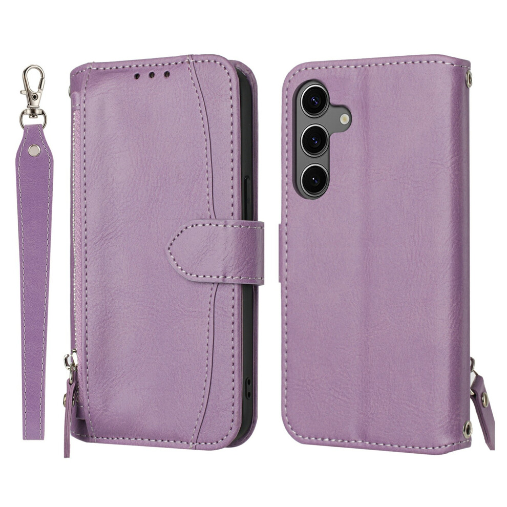 (Purple) For Samsung Galaxy S25 Fe Case Zipper Pocket Wallet Leather Phone Cover With Wrist Strap Purple 6914280103419