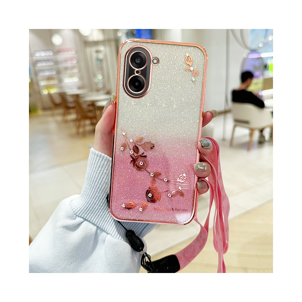 (Rose ) For Oneplus Ace 5 Racing 5G / Nord Ce5 5G Case Flower Pattern Tpu Gradient Phone Cover With Lanyards Gold 6914284833671