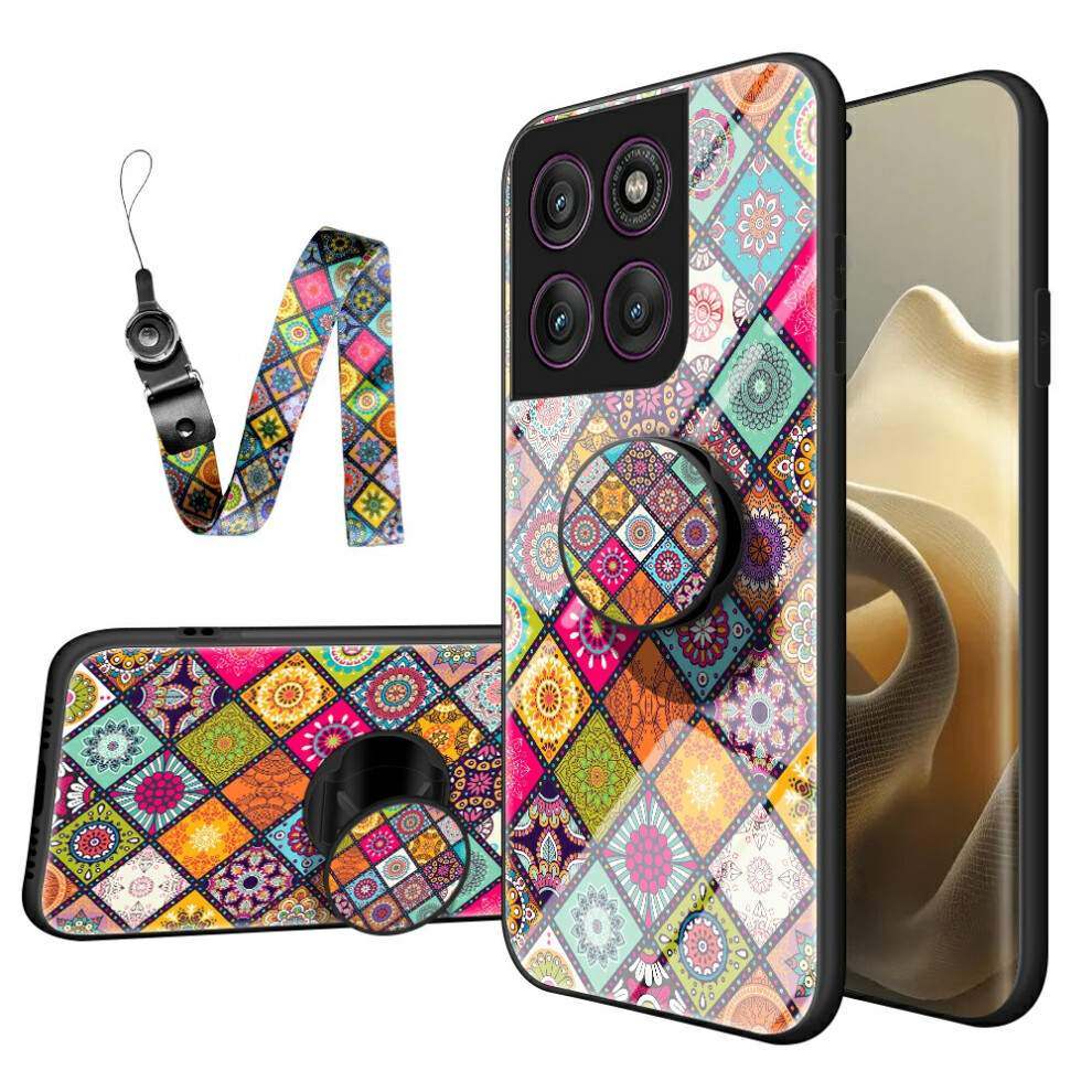 (Color Pattern) For Motorola Edge 60 Pro 5G Case Kickstand Ethnic Pattern Tempered Glass Phone Cover With Strap 6914289088472