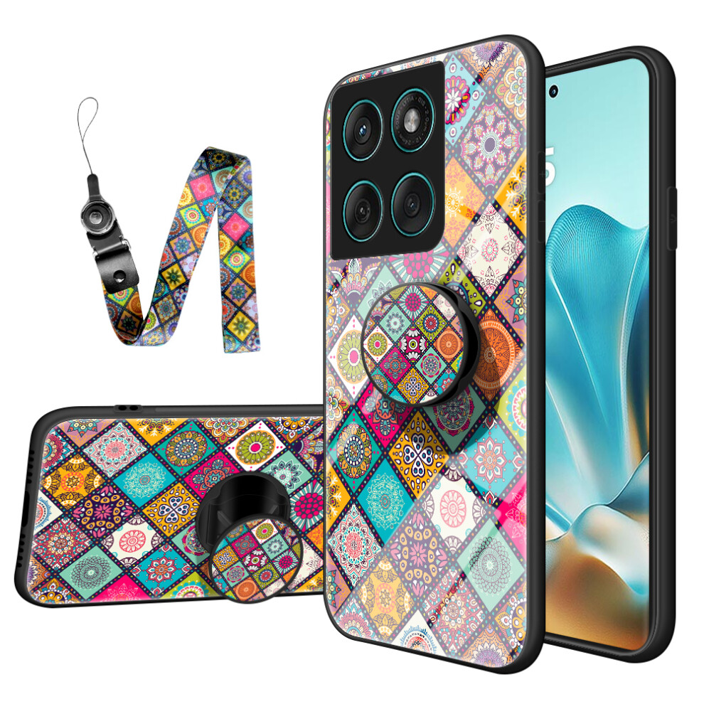 (Checkered Pattern) For Motorola Edge 60 Fusion 5G / Edge 60 5G Case Kickstand Ethnic Pattern Tempered Glass Phone Cover With Strap 6914289428193