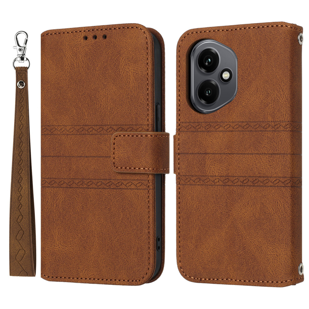 (Brown) For Honor 400 5G (Global) Case Wallet Skin-Touch Leather Imprinted Phone Cover With Wrist Strap Brown 6914282740995