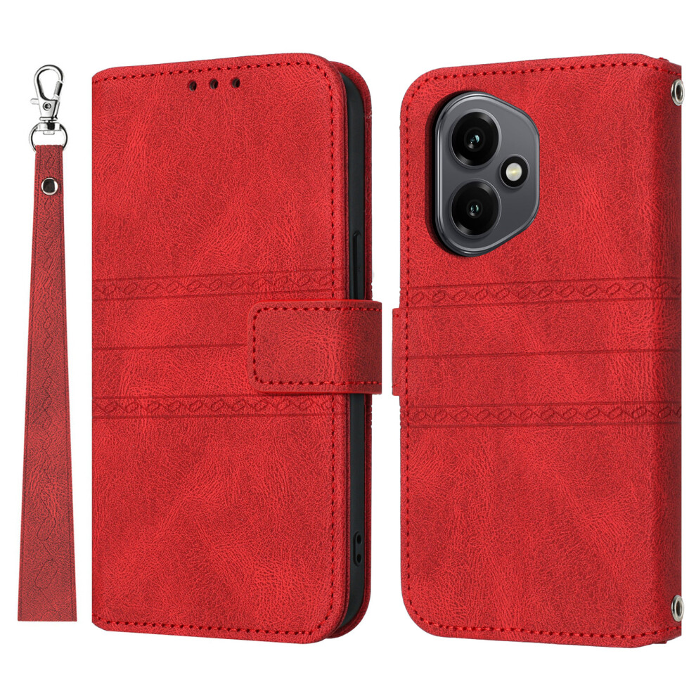 (Red) For Honor 400 5G (Global) Case Wallet Skin-Touch Leather Imprinted Phone Cover With Wrist Strap Red 6914287147836