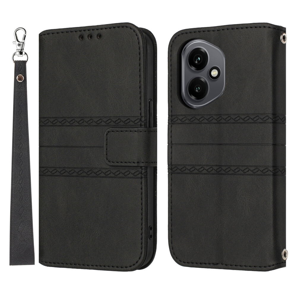 (Black) For Honor 400 5G (Global) Case Wallet Skin-Touch Leather Imprinted Phone Cover With Wrist Strap Black 6914289917093