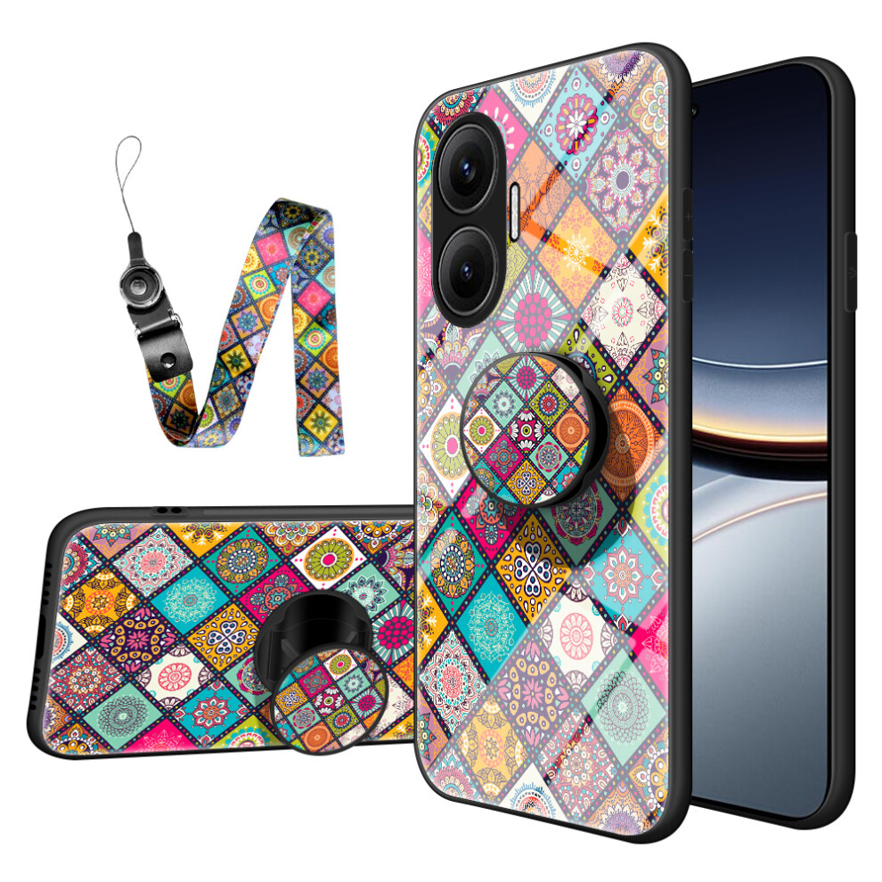 (Checkered Pattern) For Xiaomi Poco F7 5G / Redmi Turbo 4 Pro 5G Case Kickstand Ethnic Pattern Tempered Glass Phone Cover With Strap 6914286457066
