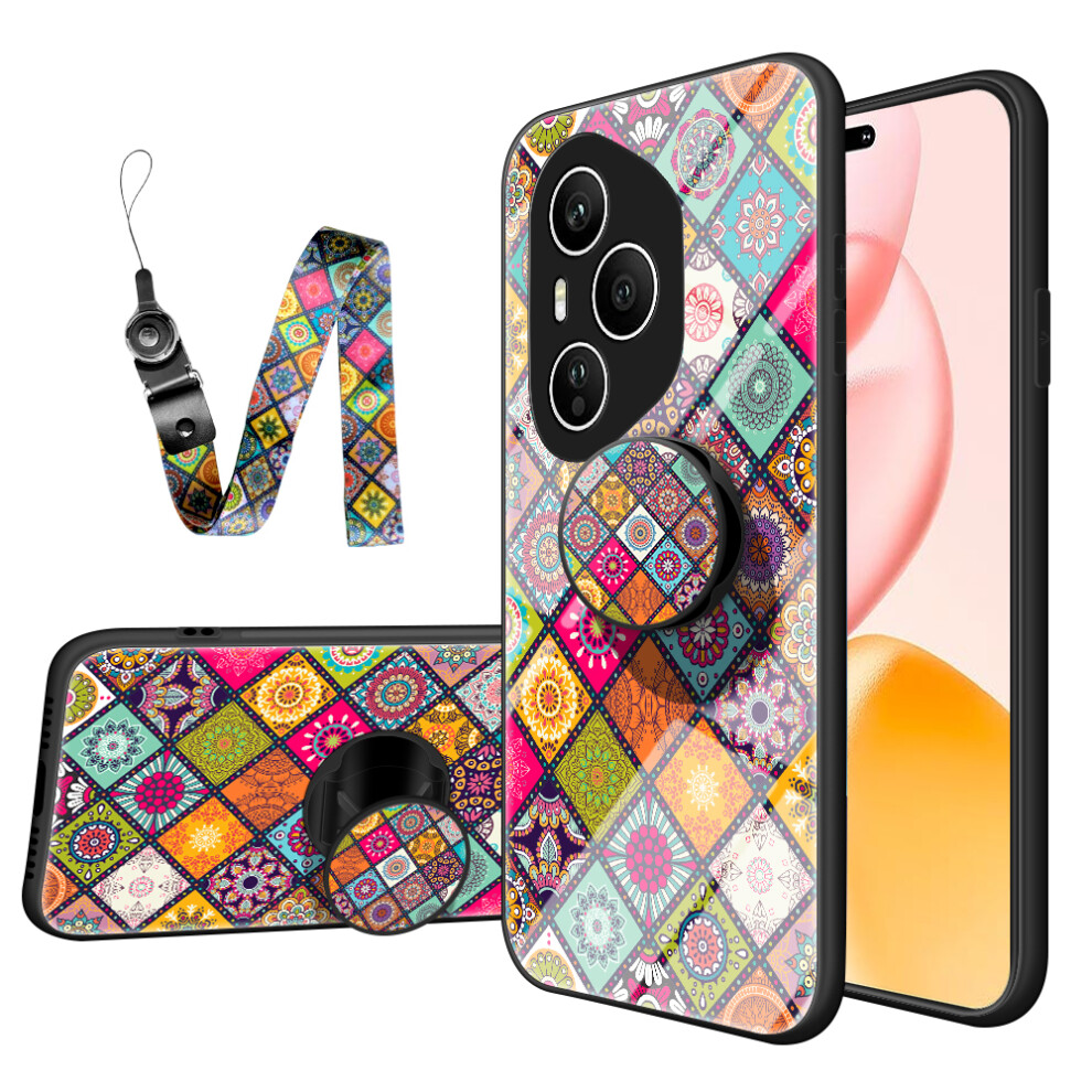 (Color Pattern) For Honor 400 Pro 5G (Global) Case Kickstand Ethnic Pattern Tempered Glass Phone Cover With Strap 6914283453061