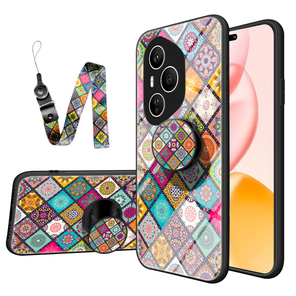 (Checkered Pattern) For Honor 400 Pro 5G (Global) Case Kickstand Ethnic Pattern Tempered Glass Phone Cover With Strap 6914287340497