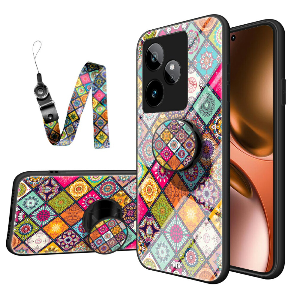 (Color Pattern) For Realme Gt 7 5G Case Kickstand Ethnic Pattern Tempered Glass Phone Cover With Strap 6914282643500