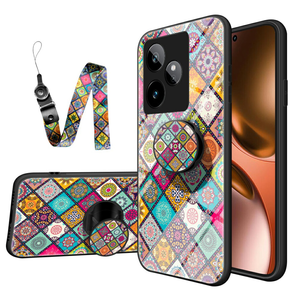 (Checkered Pattern) For Realme Gt 7 5G Case Kickstand Ethnic Pattern Tempered Glass Phone Cover With Strap 6914280963389