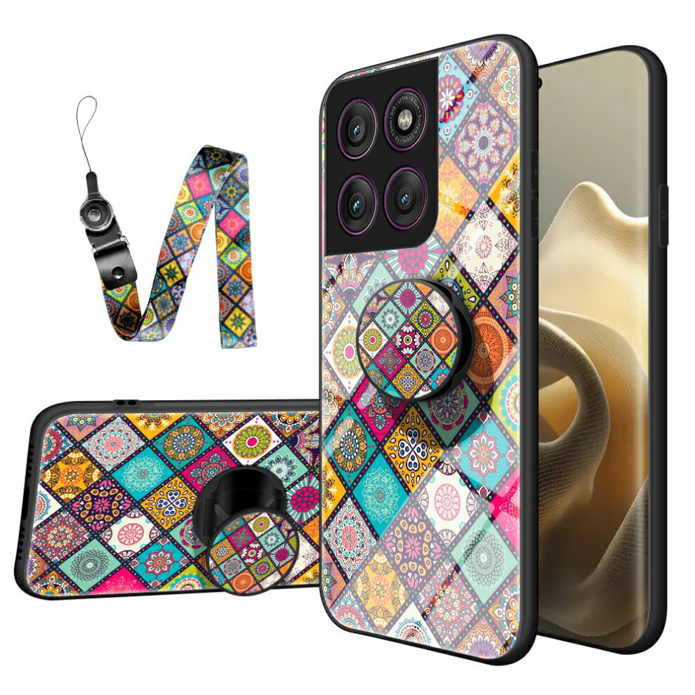 (Checkered Pattern) For Motorola Edge 60 Pro 5G Case Kickstand Ethnic Pattern Tempered Glass Phone Cover With Strap 6914281603345