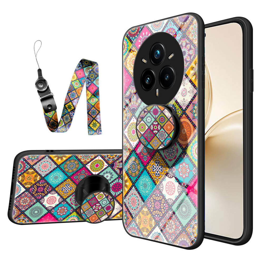 (Checkered Pattern) For Realme 14 Pro+ 5G Case Kickstand Ethnic Pattern Tempered Glass Phone Cover With Strap 6914282610830